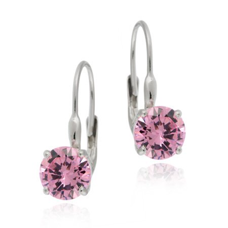 Sterling Silver Round Pink CZ Leverback Earring E378