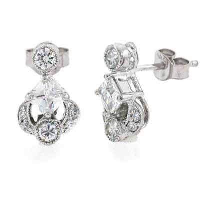 Sterling Silver Round Princess Diamond CZ Drop Earrings E4270