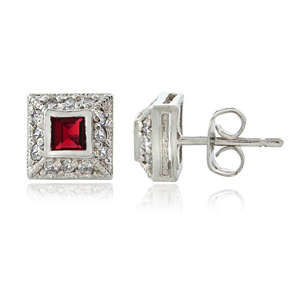 Sterling Silver Ruby Red CZ Square and CZ border stud Earrings E3041