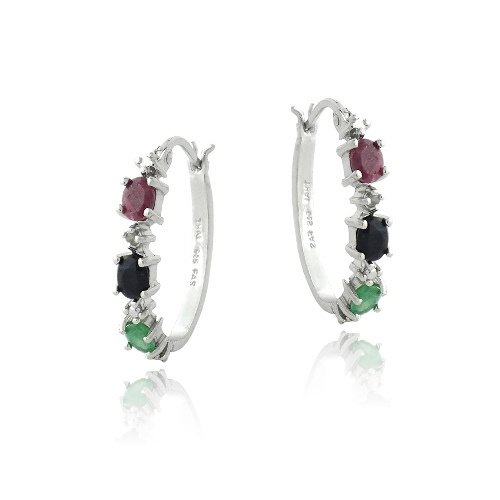 Sterling Silver Ruby, Sapphire, Emerald & Diamond Accent Oval Hoop Earrings H13157M1