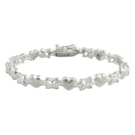 Sterling Silver Satin Heart & Flower Bracelet B10599