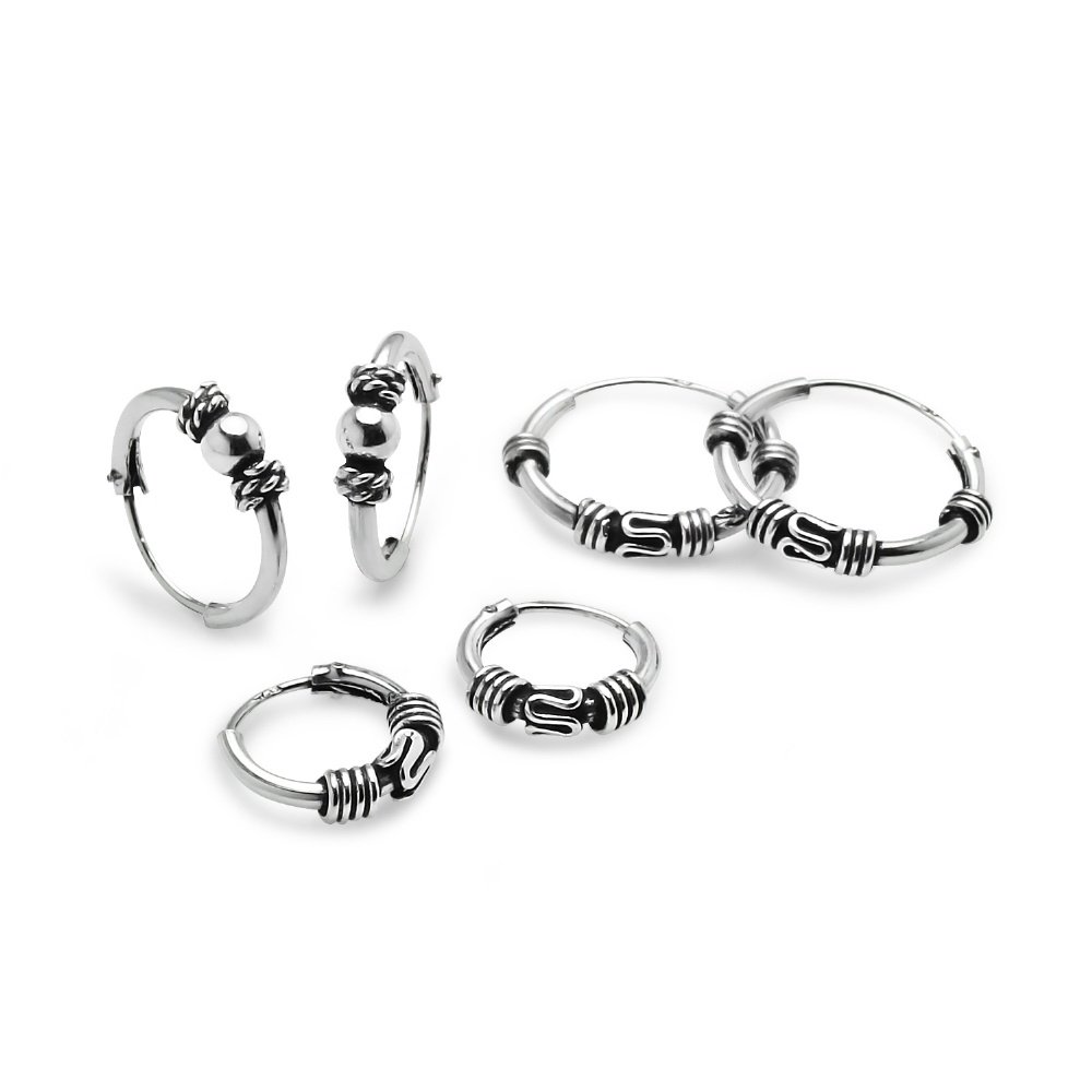 Sterling Silver Set of Three 10mm, 12mm & 14mm Bali Bead and Bali Endless Hoop Earrings S14530