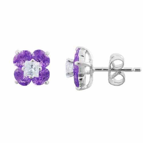 Sterling Silver Simulated Amethyst Cubic Zirconia and Simulated Diamond CZ Flower Post Earrings 2219