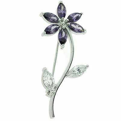 Sterling Silver Simulated Amethyst cz and Simulated Diamond cz Flower Pin PI4845AZ