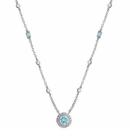Sterling Silver Simulated Diamond and Aquamarine cz Rolo Link Necklace N4775AQZ