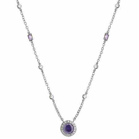 Sterling Silver Simulated Diamond and Simulated Amethyst cz Rolo Link Necklace N4775LAZ
