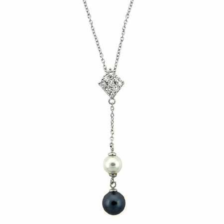 Sterling Silver Simulated Diamond cz and Simulated Gray and White Pearl Necklace N8393GPPL