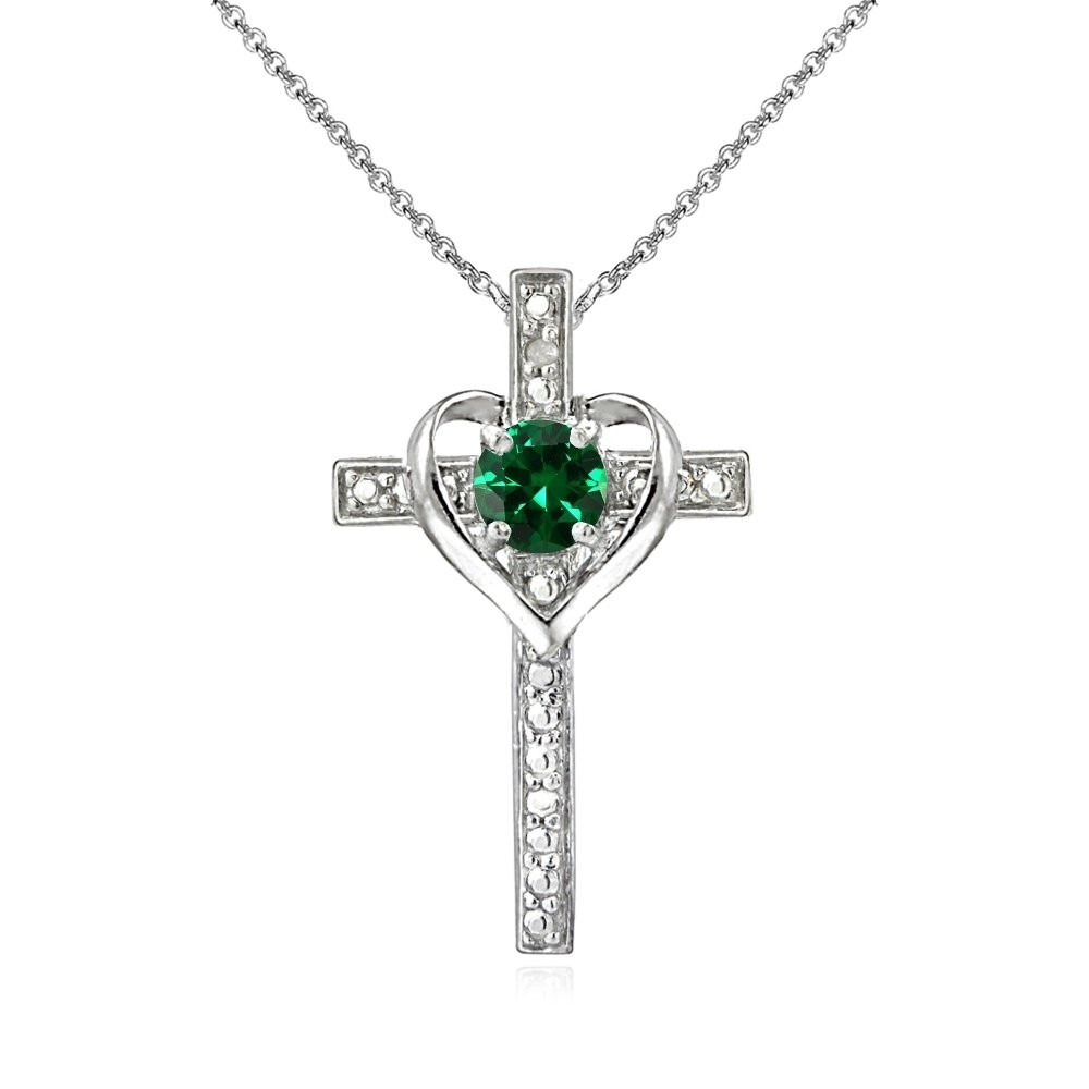 Sterling Silver Simulated Emerald Cross Heart Pendant Necklace P12244LGQ