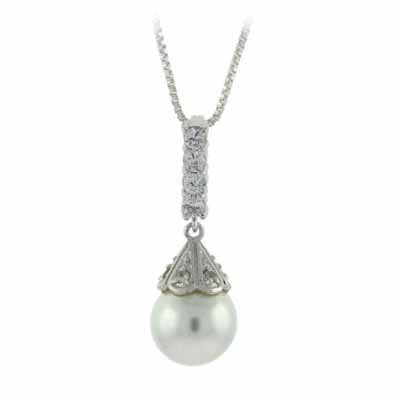Sterling Silver Simulated Pearl & CZ Drop Pendant P2678