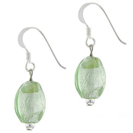 Sterling Silver Spring Green Glass Oval Glitter Foil Bead Dangle Earrings E10226M21