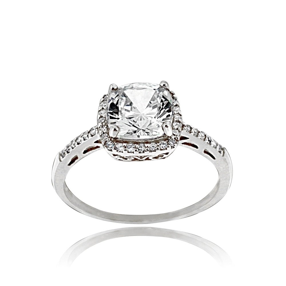 Sterling Silver Square CZ Bridal Engagement Ring, Size 6 R12022-6