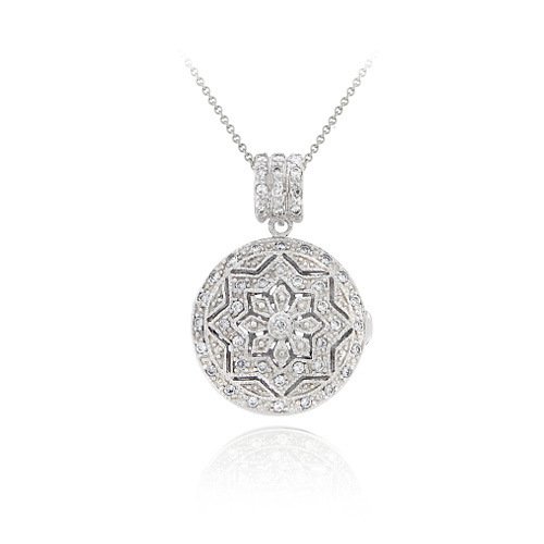 Sterling Silver Star Design CZ Locket Round Pendant P11262