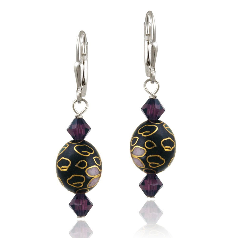 Sterling Silver Swarovski Elements & Blue Cloisonne Oval Bead Dangle Earrings E12265M1