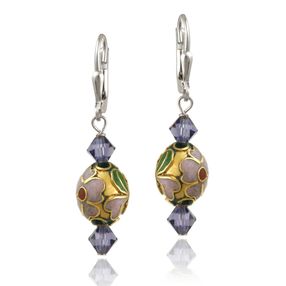 Sterling Silver Swarovski Elements & Blue Cloisonne Oval Bead Dangle Earrings E12265M2