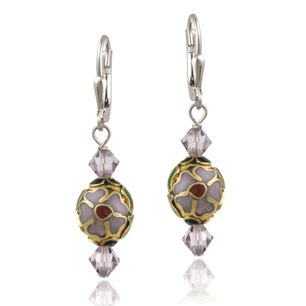 Sterling Silver Swarovski Elements & Lavender Cloisonne Oval Bead Dangle Earrings E12265M