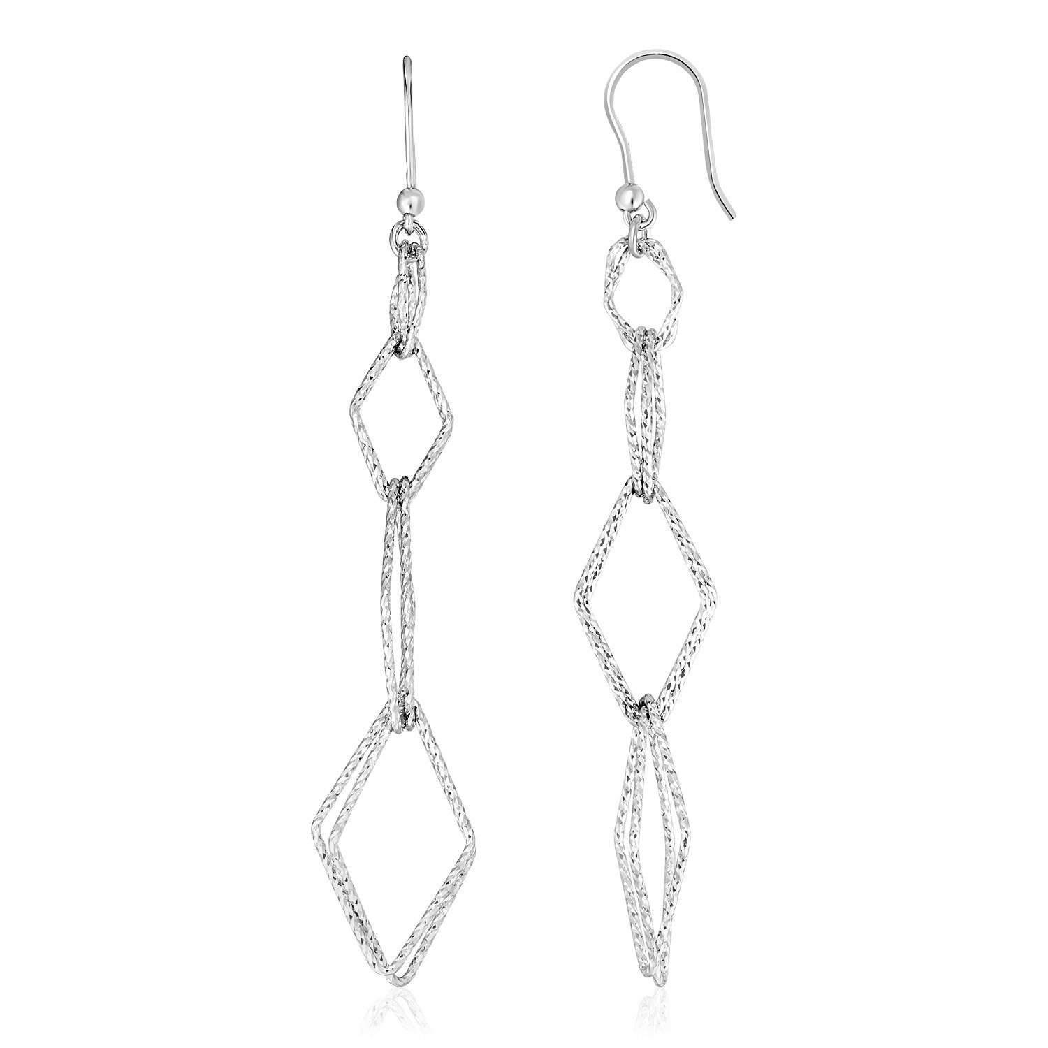 Sterling Silver Textured Interlocking Diamond Motif Dangle Earrings Sterling Silver