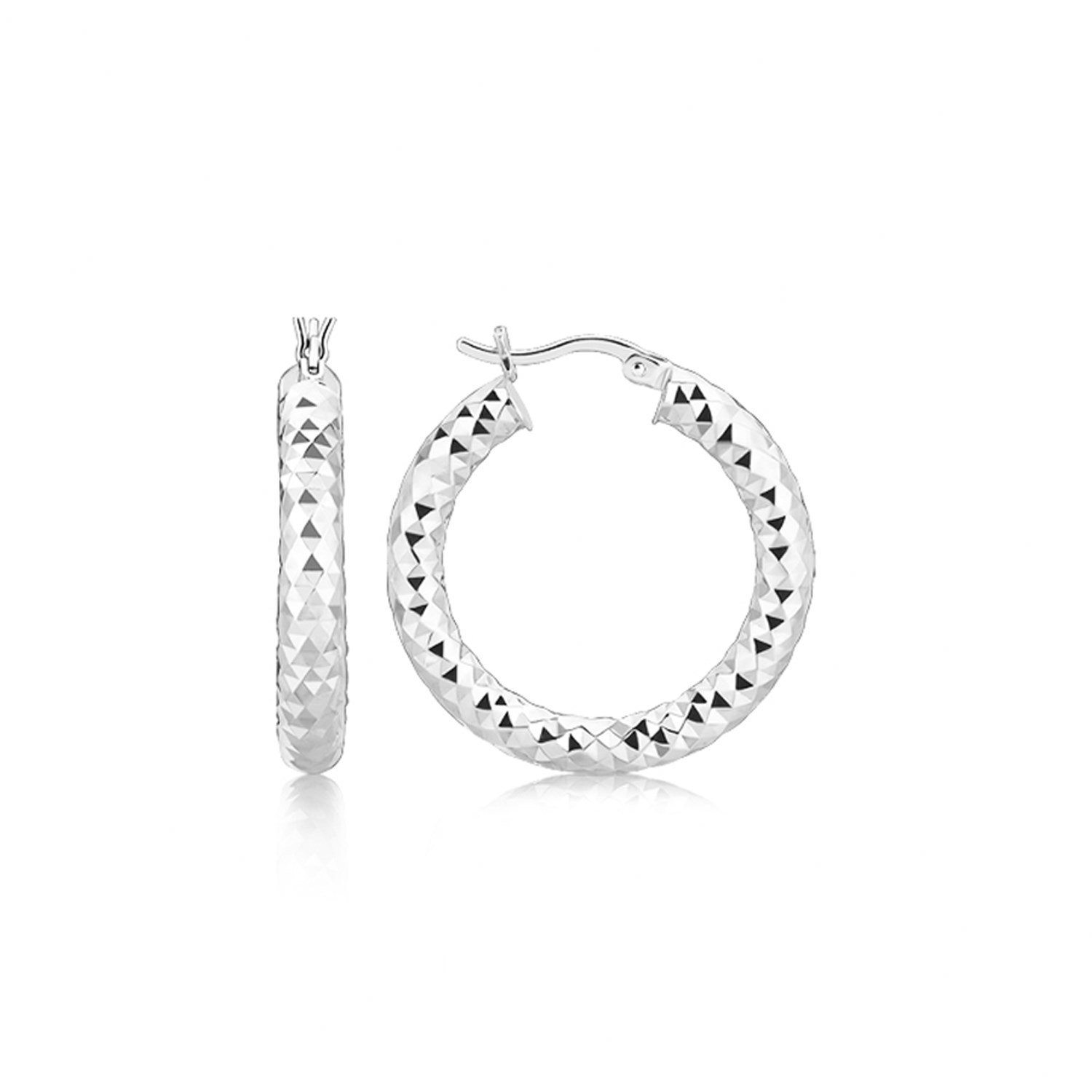 Sterling Silver Thick Rhodium Plated Faceted Design Hoop Earrings D85698448