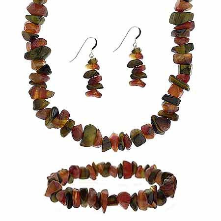 Sterling Silver Tiger Eye And Carnelian Chip Necklace Set S289