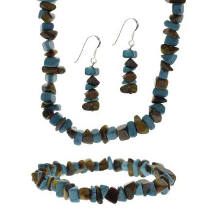 Sterling Silver Tiger Eye And Turquoise Chip Jewelry Set S4394