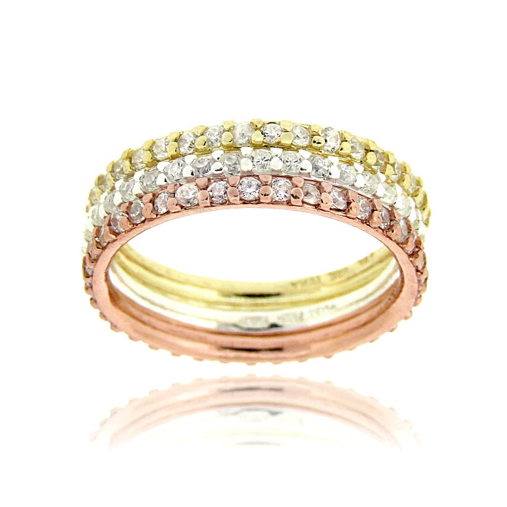 Sterling Silver Tri-Color Stackable CZ Eternity Band Ring Set Size 7 RT12202-7