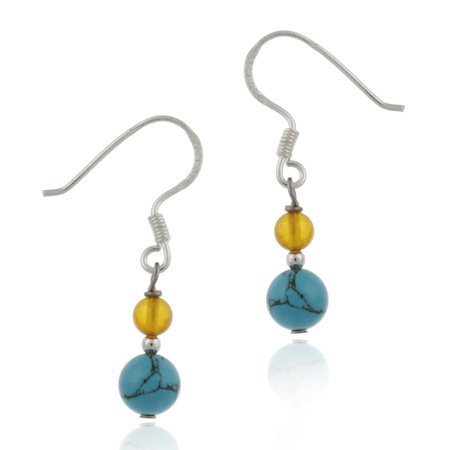 Sterling Silver Turquoise & Amber Beads Dangle Earrings E281