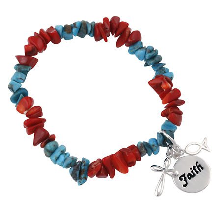 Sterling Silver Turquoise & Coral Chip Inspirational Stretch Bracelet B10684M