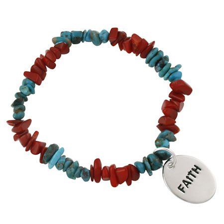 Sterling Silver Turquoise & Coral Chip Inspirational Stretch Bracelet B10685M