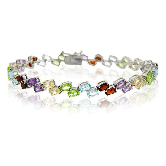 Sterling Silver Two Row Oval Multi Gemstone Bracelet B10737M