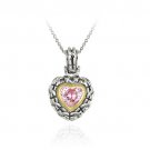 Sterling Silver Two Tone Designer Inspired Light Pink CZ Heart Pendant w- Braided Border PT11397LPZ