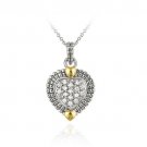 Sterling Silver Two Tone Designer Inspired Pave CZ Heart Pendant w- Brick Border PT11343