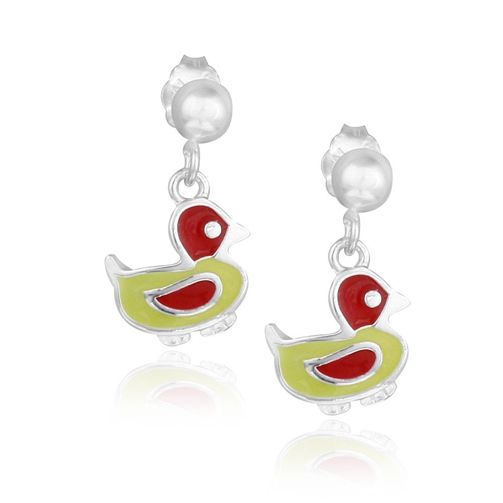 Sterling Silver Yellow & Red Enamel Duck Girls Dangle Earrings E13745M