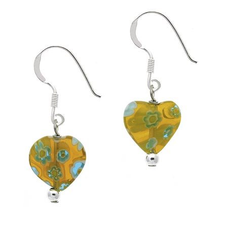 Sterling Silver Yellow Millefiori Murano Glass Heart Dangle Earrings E10211M6