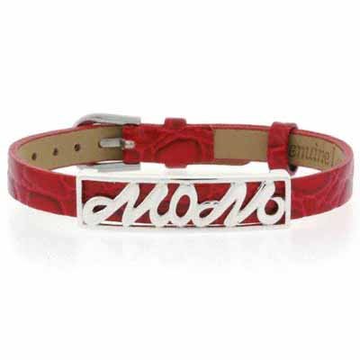 Sterling Silver `MOM` Red Leather Bracelet B4197R