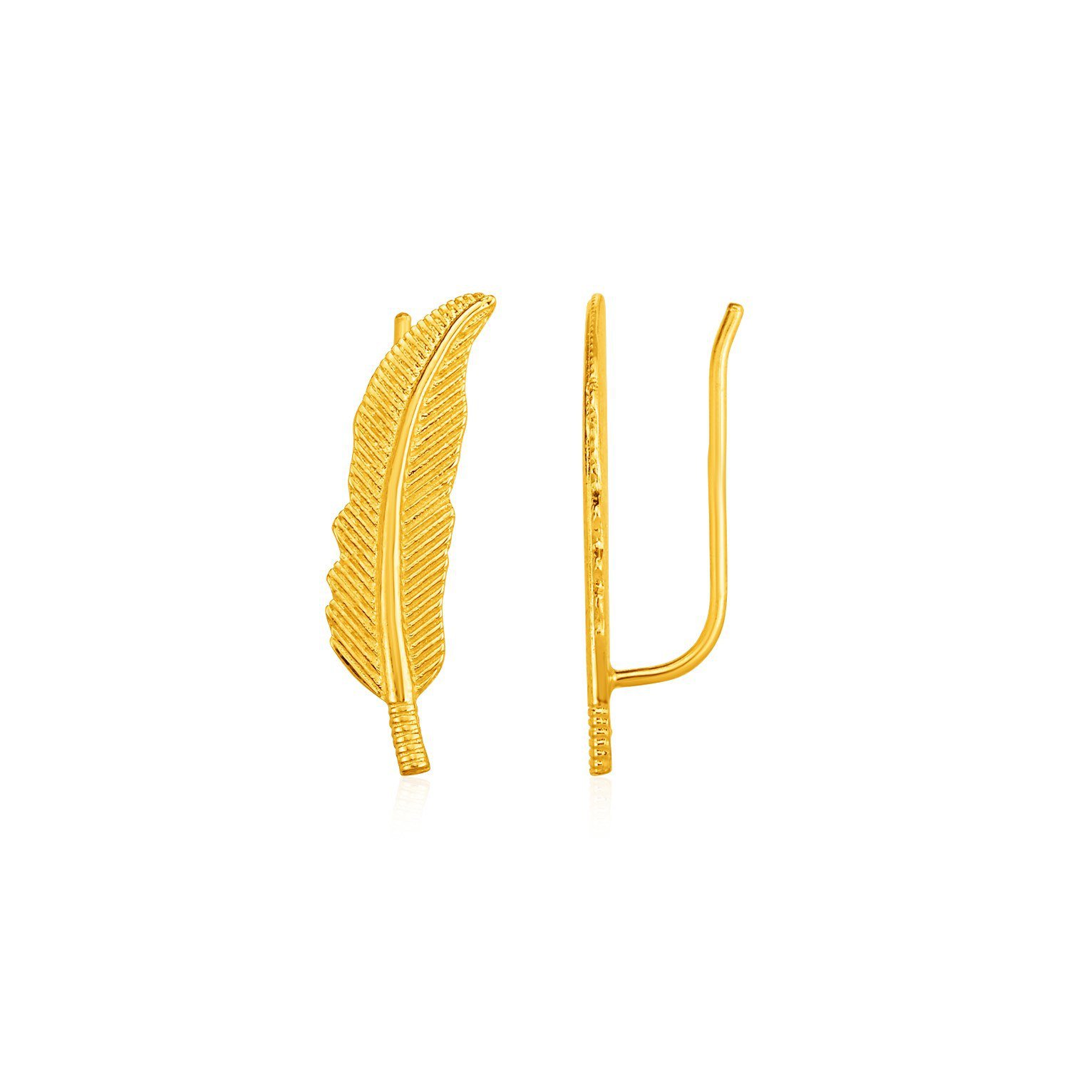 Textured Feather Climber Earrings in 14k Yellow Gold Yellow Gold