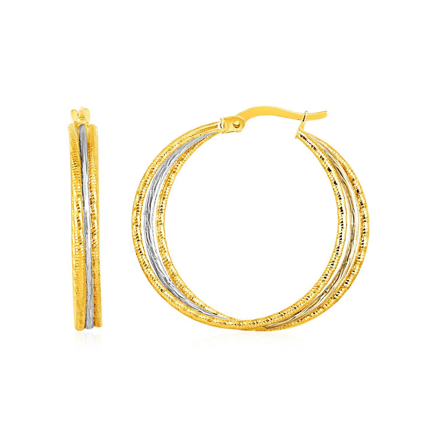 Three Part Textured Hoop Earrings in 14k Yellow and White Gold Two-Tone Gold