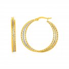 Three Part Textured Hoop Earrings in 14k Yellow and White Gold Two-Tone Gold