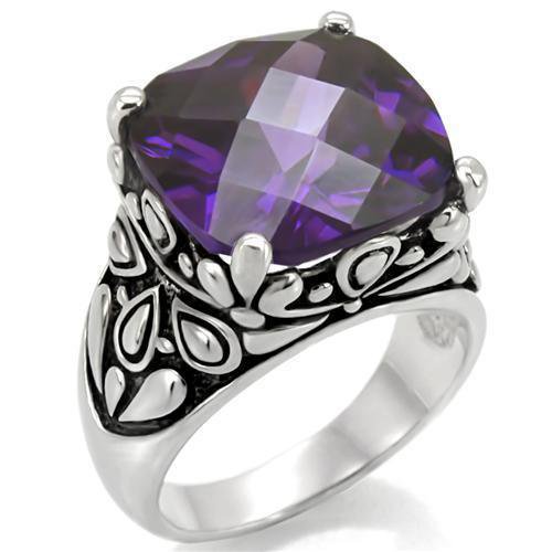 TK016 - High polished (no plating) Stainless Steel Ring with AAA Grade CZ in Amethyst