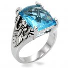 TK021 - High polished (no plating) Stainless Steel Ring with Synthetic Synthetic Glass in Sea Blue
