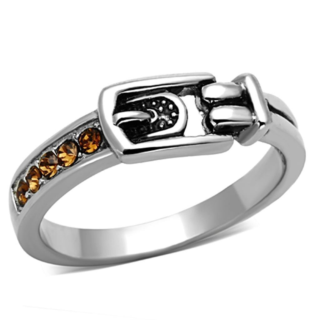 TK1079 - High polished (no plating) Stainless Steel Ring with Top Grade Crystal in Smoked Quartz