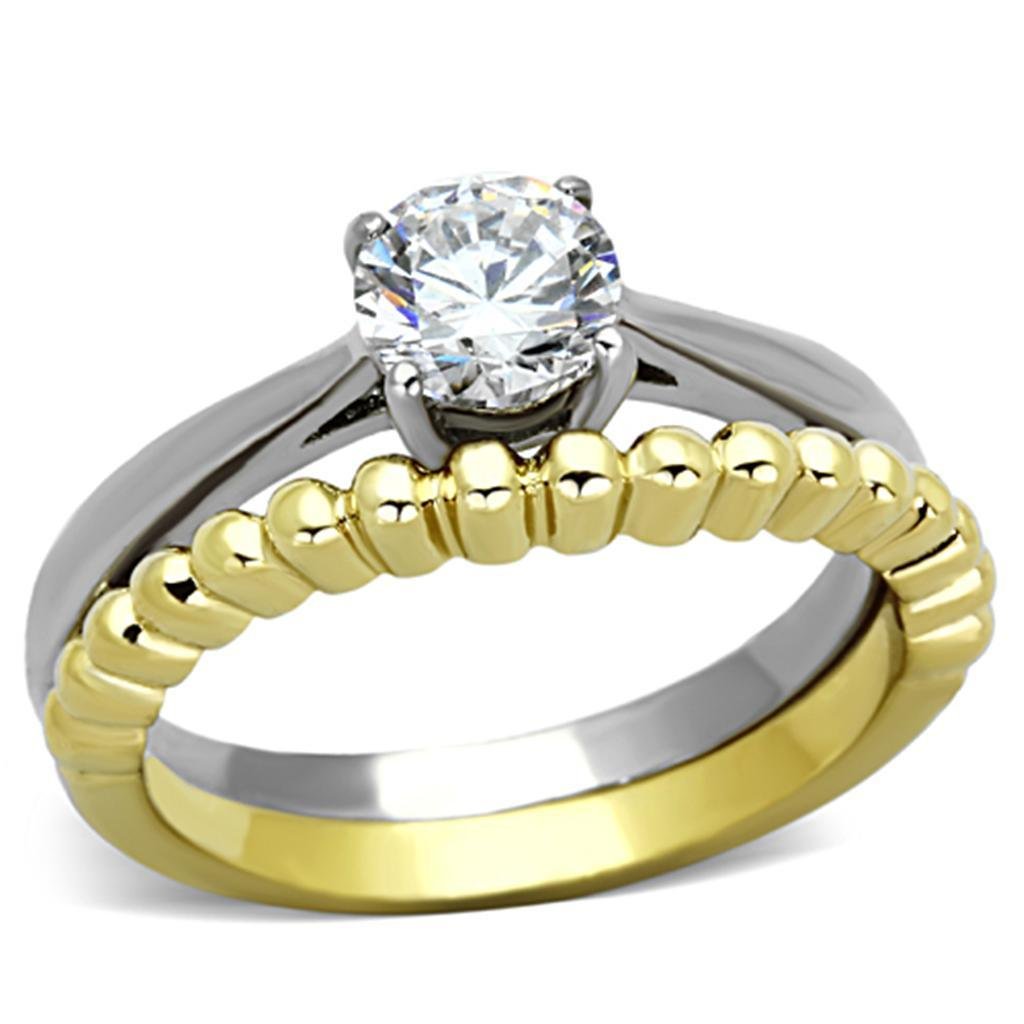 TK1093 - Two-Tone IP Gold (Ion Plating) Stainless Steel Ring with AAA Grade CZ in Clear