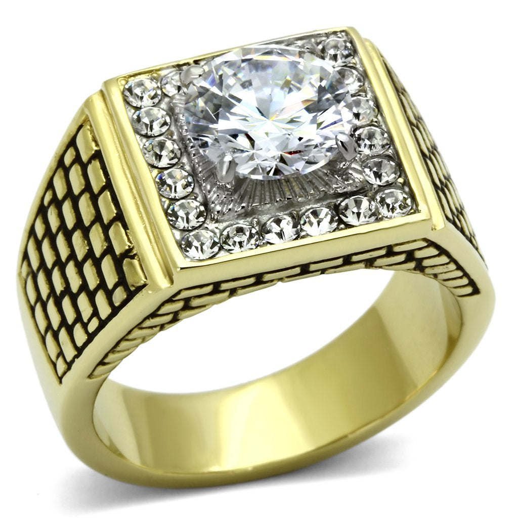 TK735 - Two-Tone IP Gold (Ion Plating) Stainless Steel Ring with AAA Grade CZ in Clear