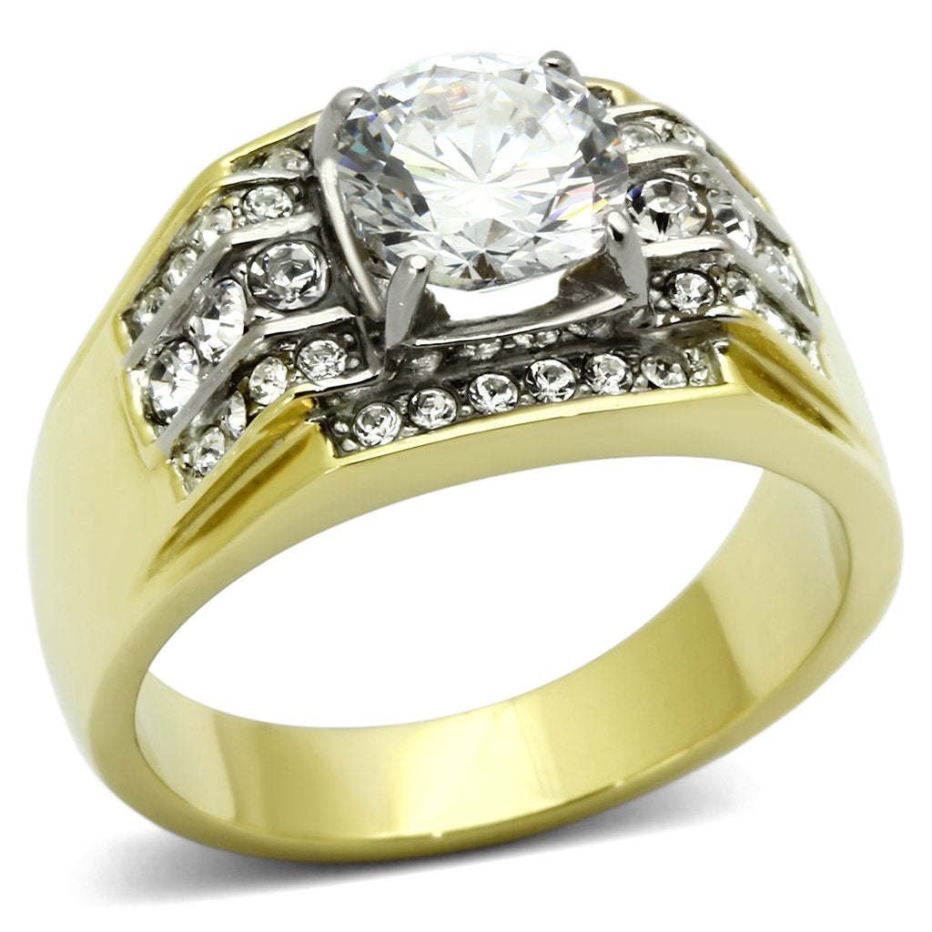 TK736 - Two-Tone IP Gold (Ion Plating) Stainless Steel Ring with AAA Grade CZ in Clear