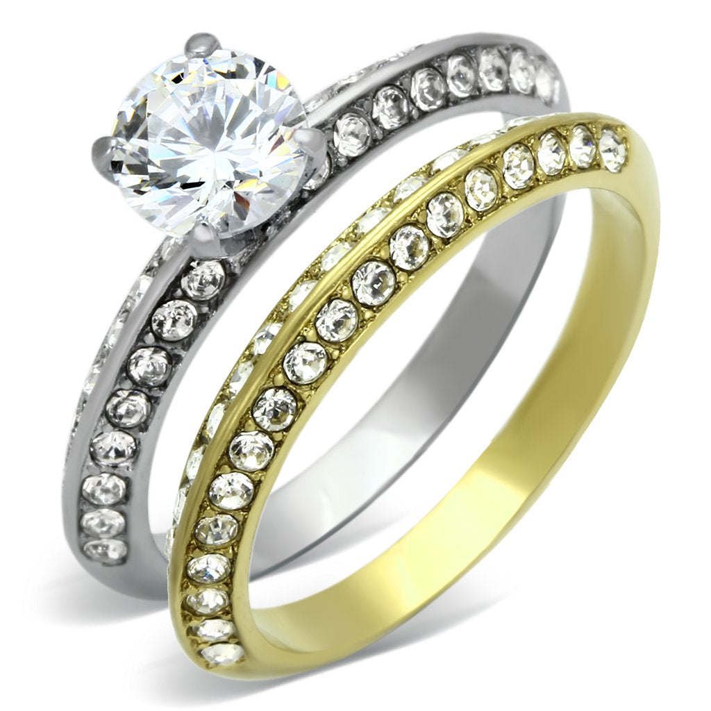 TK967 - Two-Tone IP Gold (Ion Plating) Stainless Steel Ring with AAA Grade CZ in Clear