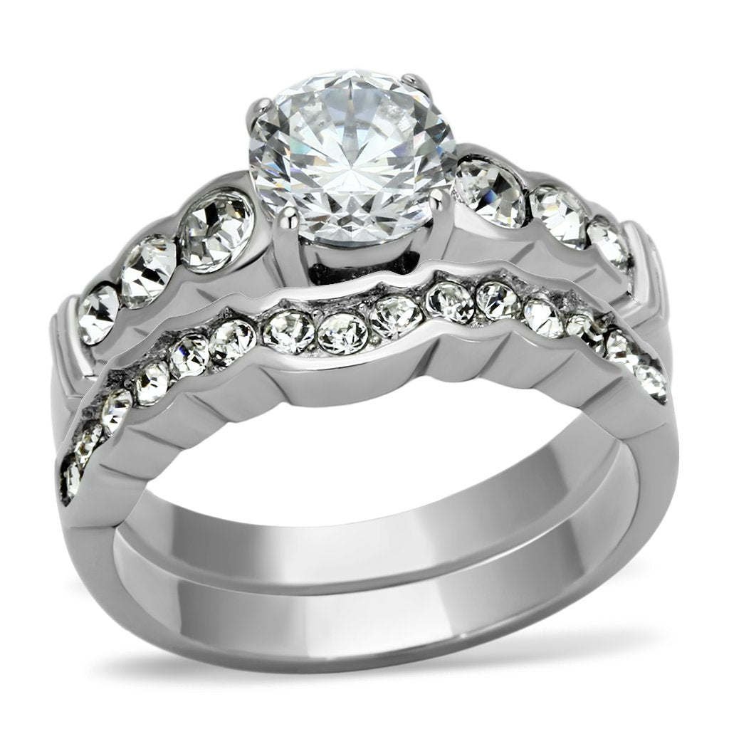 TK974 - High polished (no plating) Stainless Steel Ring with AAA Grade CZ in Clear