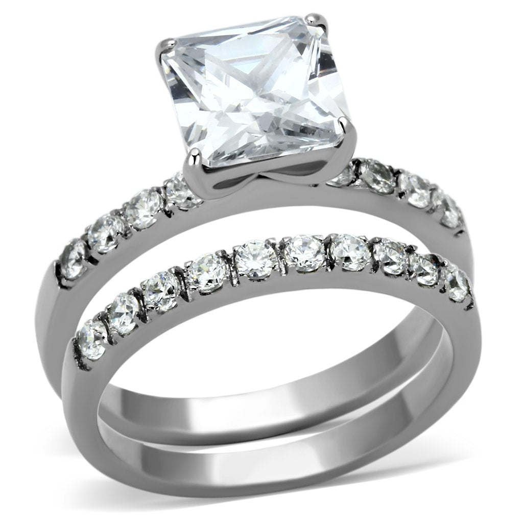 TK975 - High polished (no plating) Stainless Steel Ring with AAA Grade CZ in Clear