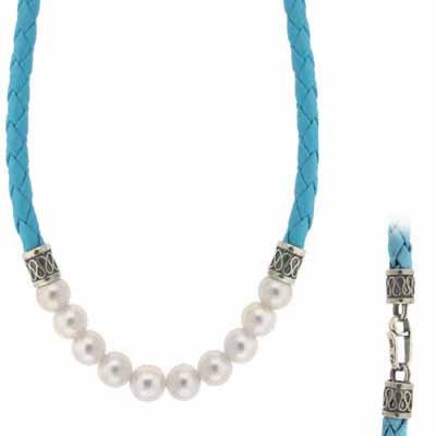 Turquoise Blue Braided Leather simulated Pearl Silver Necklace N3071TQ