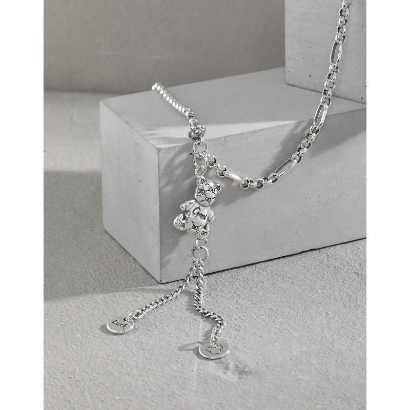 Vintage Bear Luck Dangle Beads Paperclip Chain 925 Sterling Silver Necklace Vintage