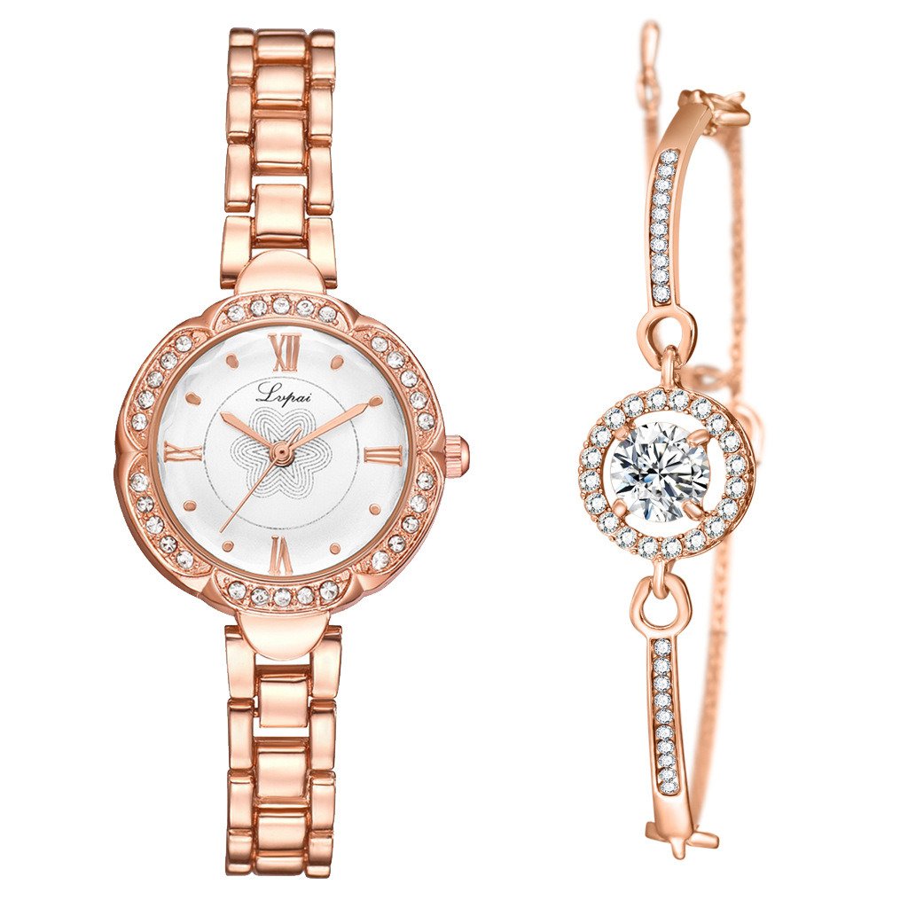 Vintage Ladies Diamond Dial Exquisite Watch Bracelet Set Rose Gold Black Watch + Rose Gold Bracelet