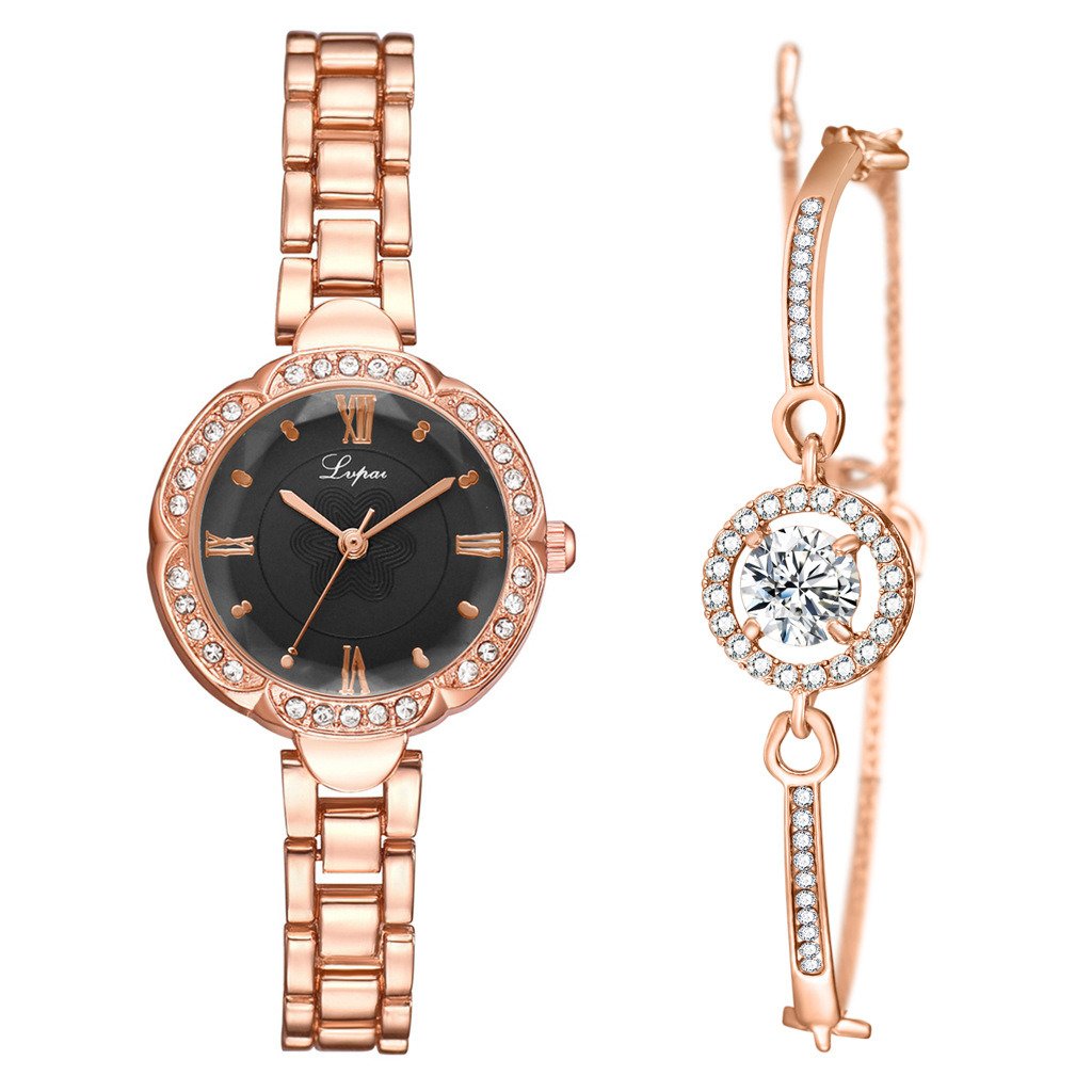 Vintage Ladies Diamond Dial Exquisite Watch Bracelet Set Silver Black Watch + Silver Bracelet
