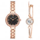 Vintage Ladies Diamond Dial Exquisite Watch Bracelet Set Silver Black Watch + Silver Bracelet